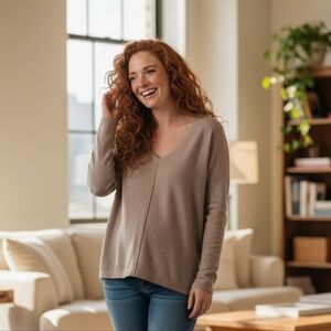 LOFT Beige Oversized V-Neck Knit Sweater Top, Size S